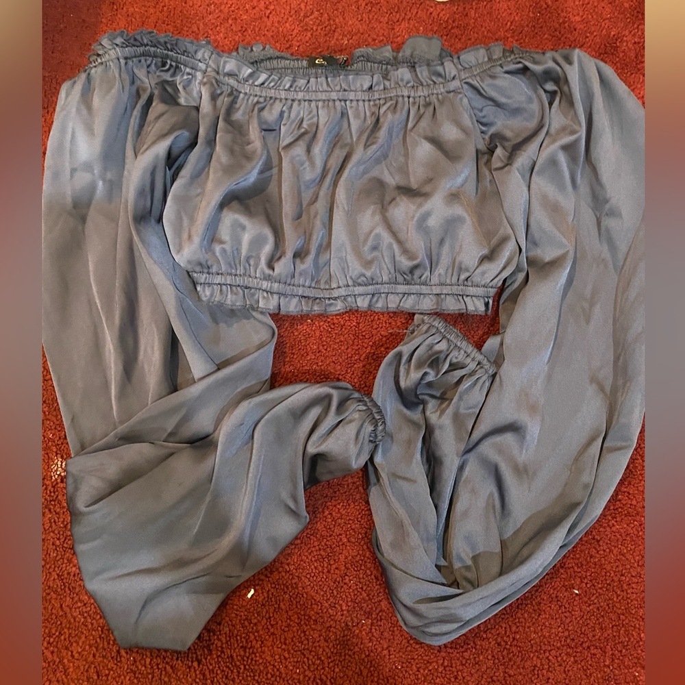 Blue Silk Crop Top Long Sleeve